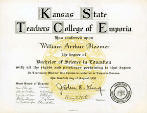 William Arthur Bloomer’s Kansas State Teachers College of Emporia diploma for the Bachelor of Science in Education...gif