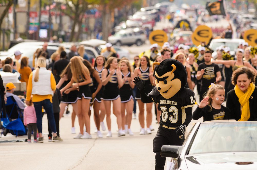 Corky and Cheerleaders Marching in Homecoming Parade