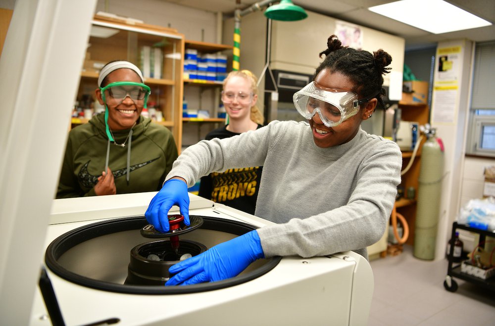 Students conducting experiment in Biochemistry class