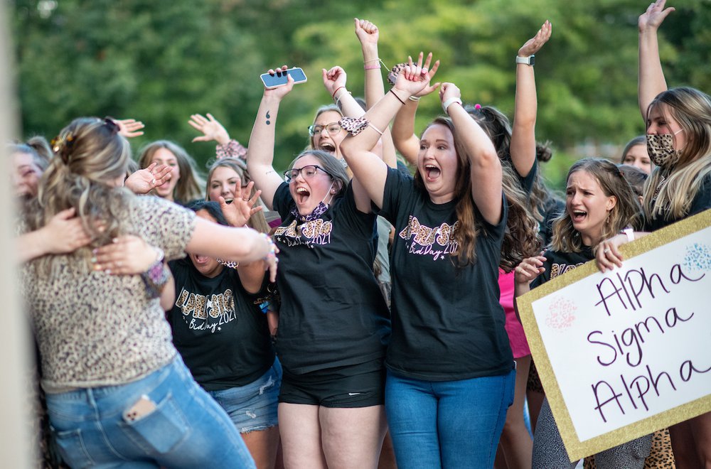 Students celebrating during Sorority Bid Night