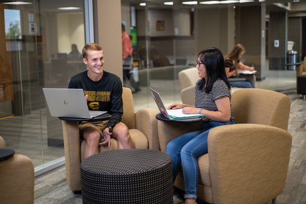 Students studying inside the Preston Family Student Complex in Emporia State University's School of Business