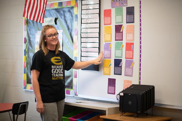 Elementary teacher standing at board pointing to lesson