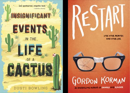 Book covers, "Events in the Life of a Cactus" and "Restart"