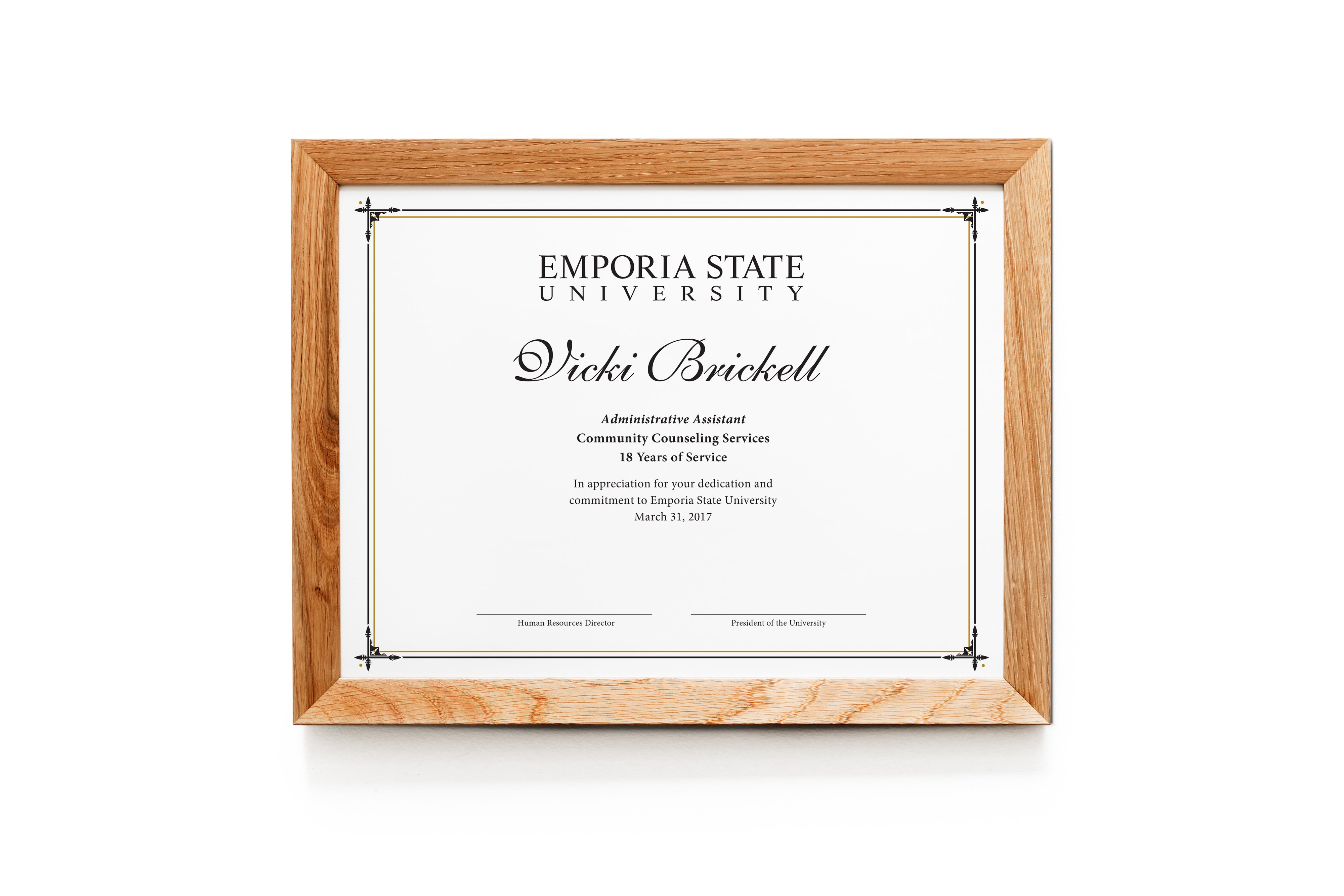 Certificate printed by Emporia State University Copy Center