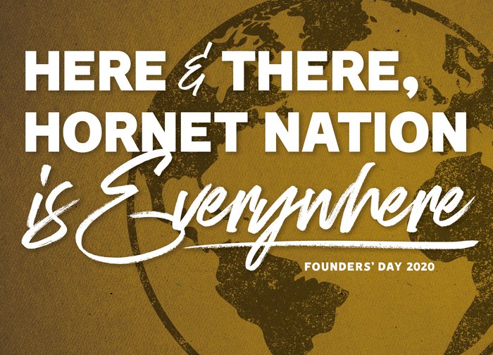 Emporia State Founder's Day 2020 logo reading "Here & There, Hornet Nation is Everywhere"
