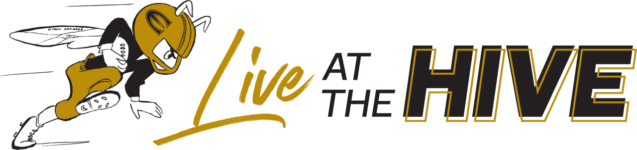 Live at the Hive logo with ESU mascot Corky carrying a football
