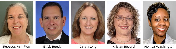 National Teachers Hall of Fame inductees: from left, Rebecca Hamilton, Erick Hueck, Caryn Long, Kristen Record and Monica Washington