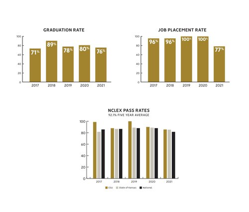 Three graphs showing graduation rate, job placement, and NCLEX Pass rates.