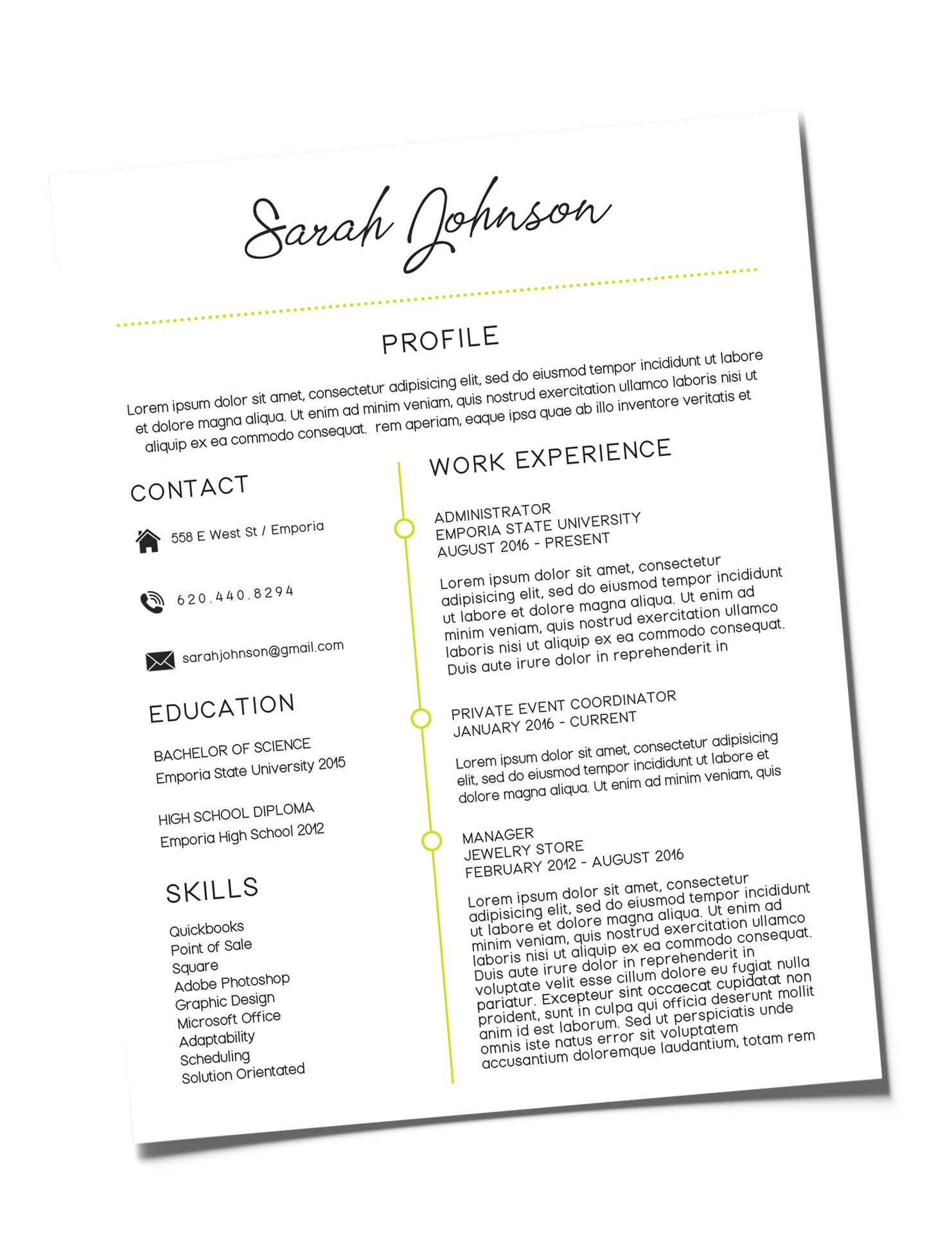 Example of resume printed at University Copy Center