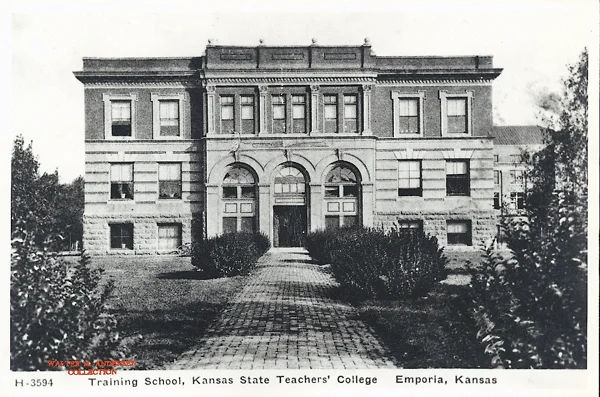 Old Training School, 1905-1948. Elementary and high school students attended the Training School, where students studying to be teachers had the opportunity to work with them and the experienced teachers at the school. This building was razed in 1948 to make room for the William Allen White Library.