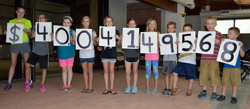 Children whose parents work at the ESU Foundation and Alumni Relations hold up numbers marking the newest total of contributions to Now & Forever: The Campaign for Emporia State University.
