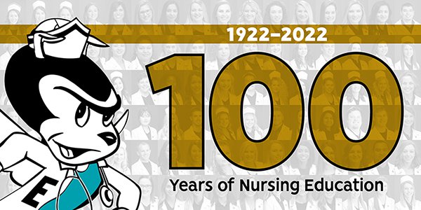 illustration of Emporia State University's Mascot, Corky,  in a Nursing uniform with photos behind
